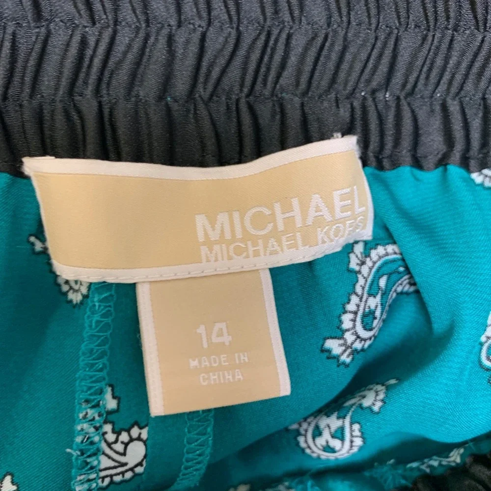 Michael Kors Wide Leg Pants Womens 14 Teal Paisley Drawstring Elastic Waist